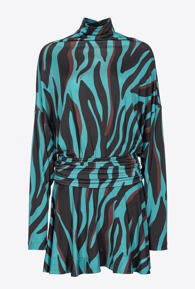 Pinko Jersey Mini Dress With Psychedelic Zebra Print GREEN/BLACK/BURGUNDY | SN-PKO33070