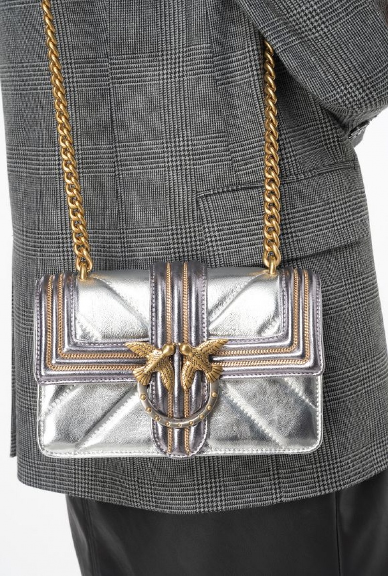 Pinko Laminated Mini Love Bag One With Chain Embroidery SILVER-ANTIQUE GOLD | SN-PKO32555