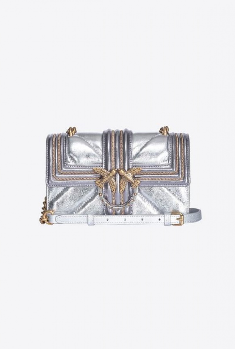 Pinko Laminated Mini Love Bag One With Chain Embroidery SILVER-ANTIQUE GOLD | SN-PKO32555