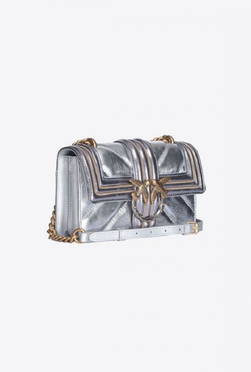 Pinko Laminated Mini Love Bag One With Chain Embroidery SILVER-ANTIQUE GOLD | SN-PKO32827