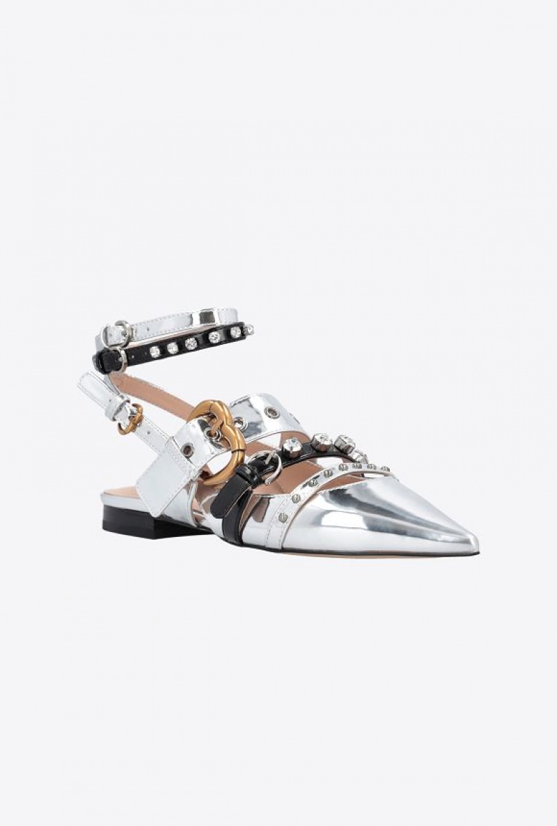 Pinko Laminated Pointed-toe Slingbacks With Rhinestones SILVER | SN-PKO34160