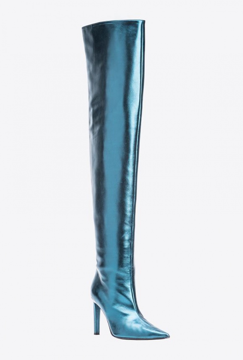 Pinko Laminated Thigh-high Boots PETROL BLUE-PACIFIC BLUE | SN-PKO34143