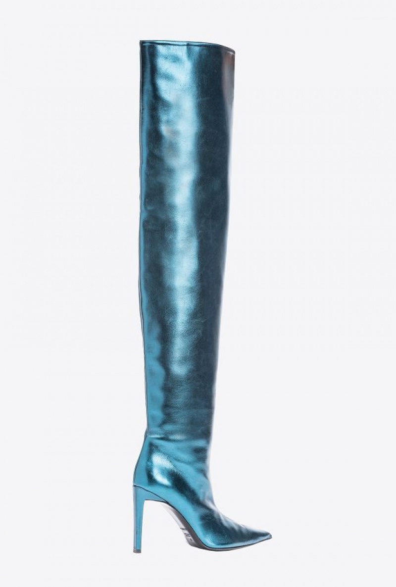 Pinko Laminated Thigh-high Boots PETROL BLUE-PACIFIC BLUE | SN-PKO34143