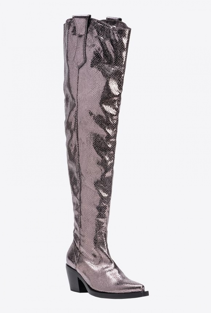 Pinko Laminated Thigh-high Texan Boots BURNISHED GREY | SN-PKO34142