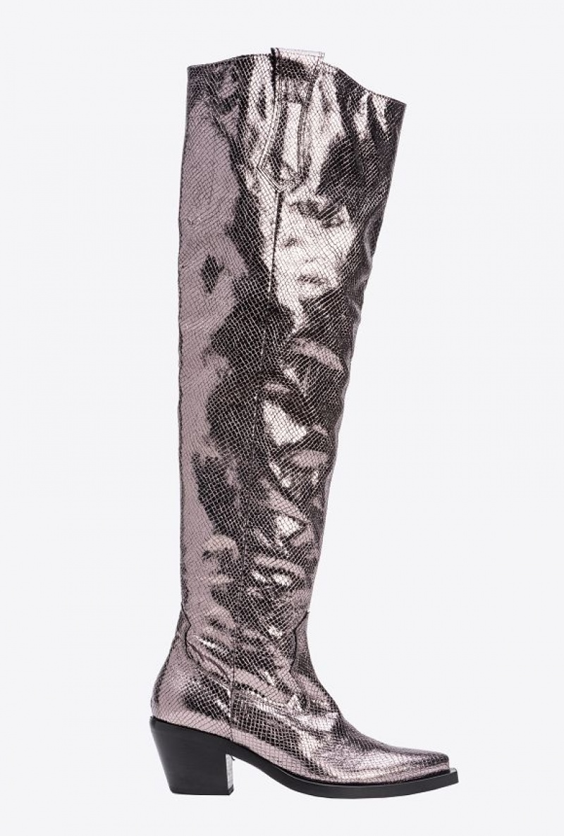 Pinko Laminated Thigh-high Texan Boots BURNISHED GREY | SN-PKO34142