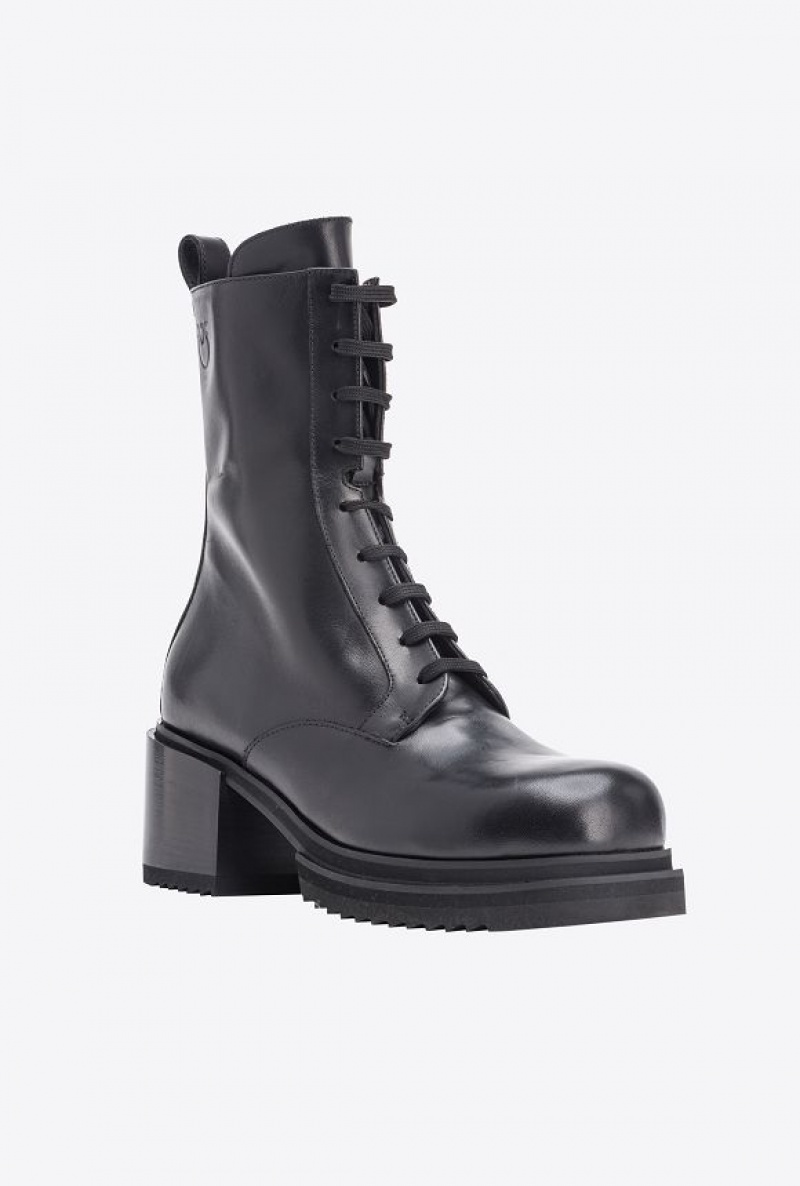 Pinko Leather Combat Boots With Love Birds Logo LIMO BLACK | SN-PKO34138