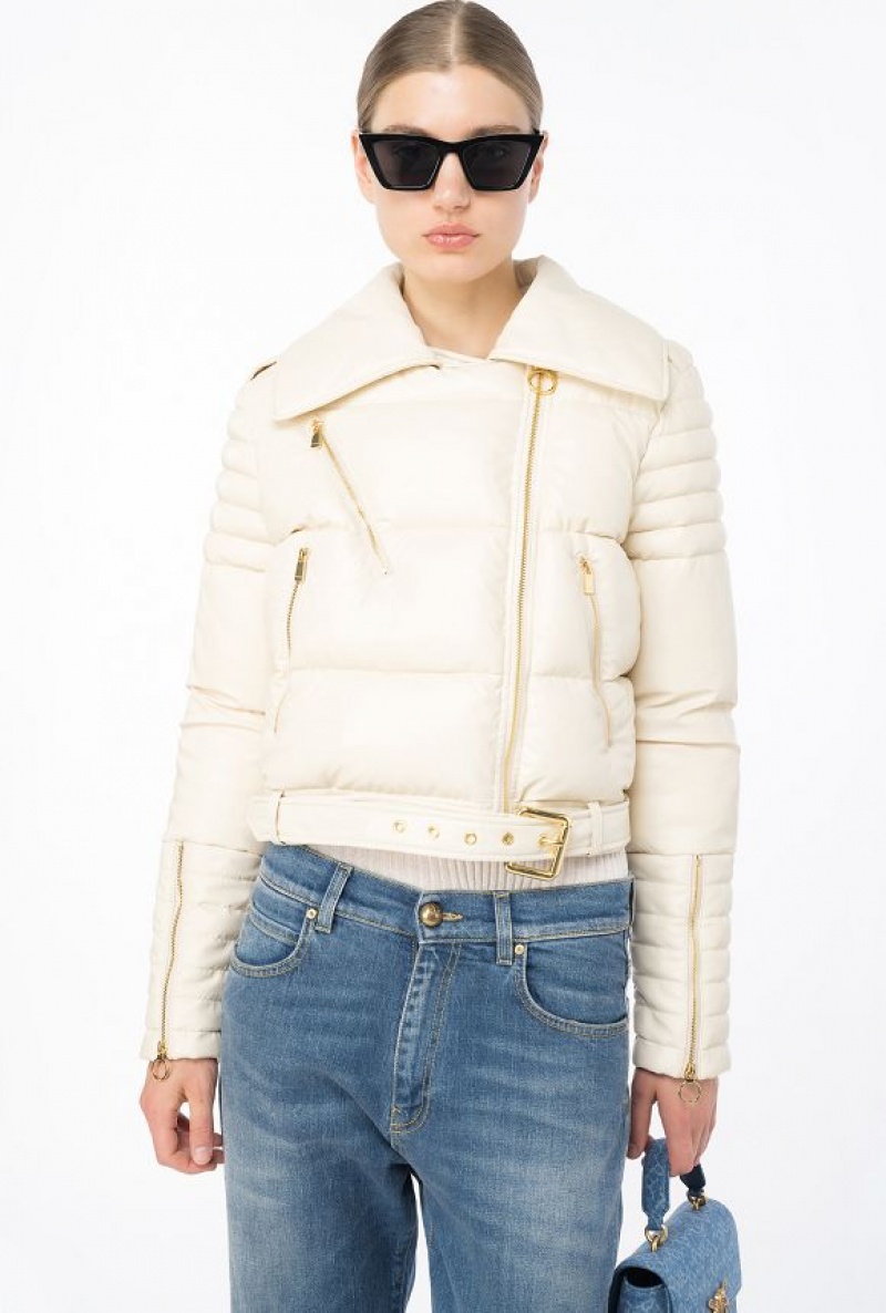 Pinko Light Leather-effect Padded Biker Jacket FOG BEIGE | SN-PKO33616