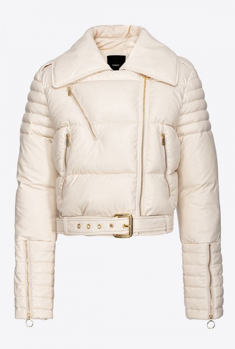 Pinko Light Leather-effect Padded Biker Jacket FOG BEIGE | SN-PKO33616