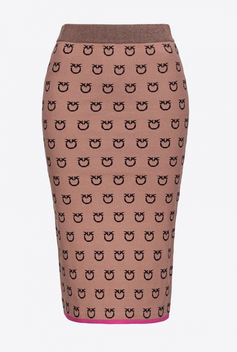 Pinko Logo Jacquard Calf-length Skirt CAMEL/BLACK | SN-PKO34070