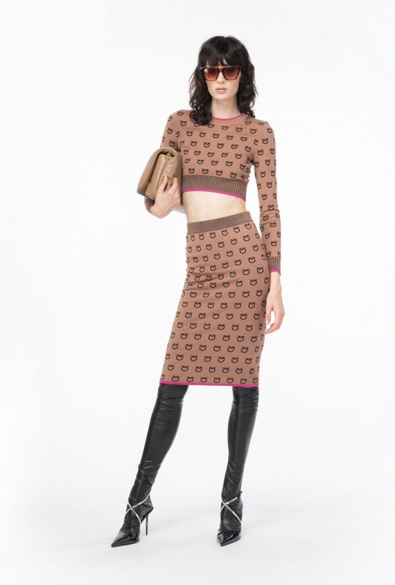 Pinko Logo Jacquard Calf-length Skirt CAMEL/BLACK | SN-PKO34070