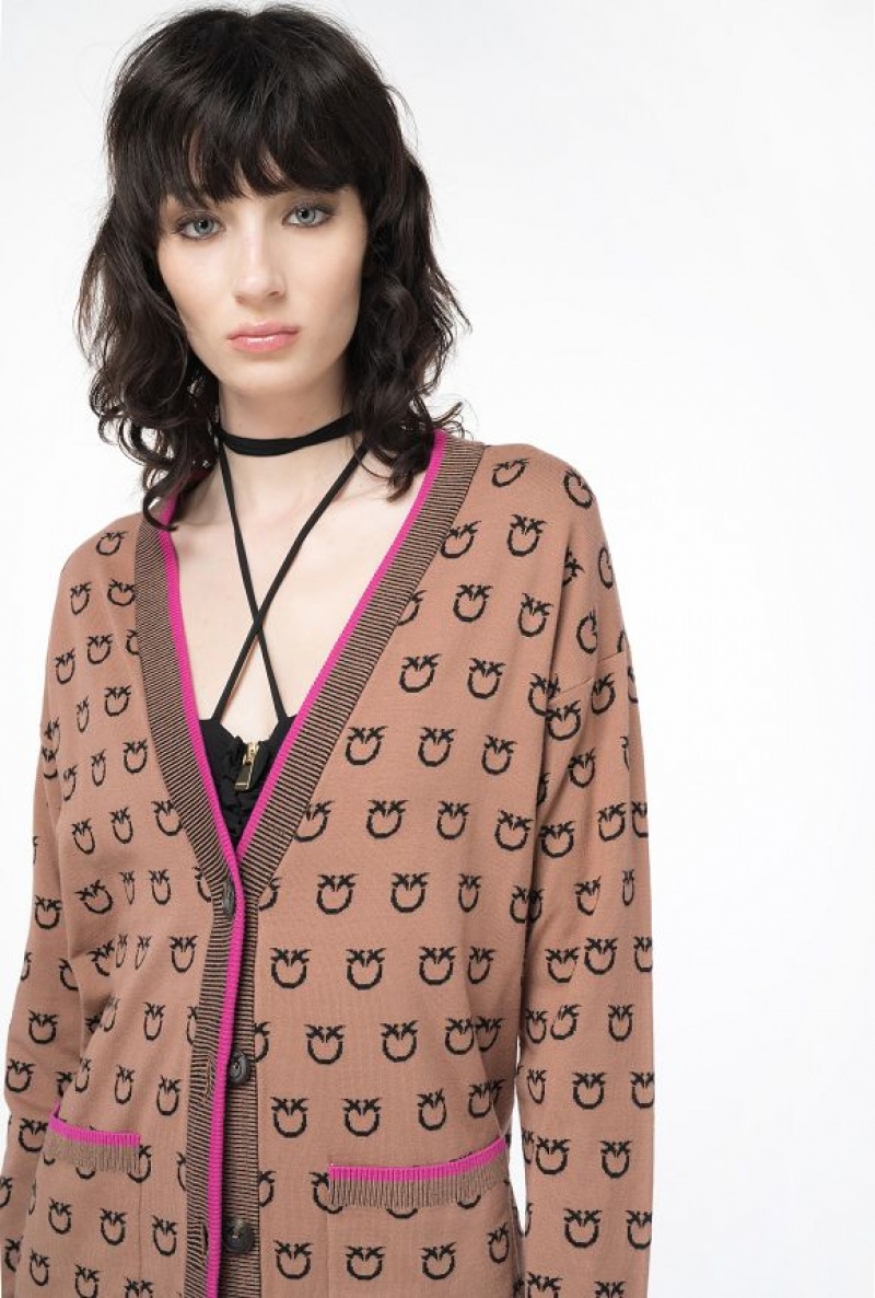 Pinko Logo Jacquard Cardigan CAMEL/BLACK | SN-PKO33514