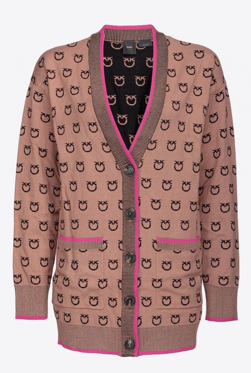 Pinko Logo Jacquard Cardigan CAMEL/BLACK | SN-PKO33514