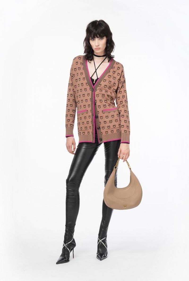 Pinko Logo Jacquard Cardigan CAMEL/BLACK | SN-PKO33514