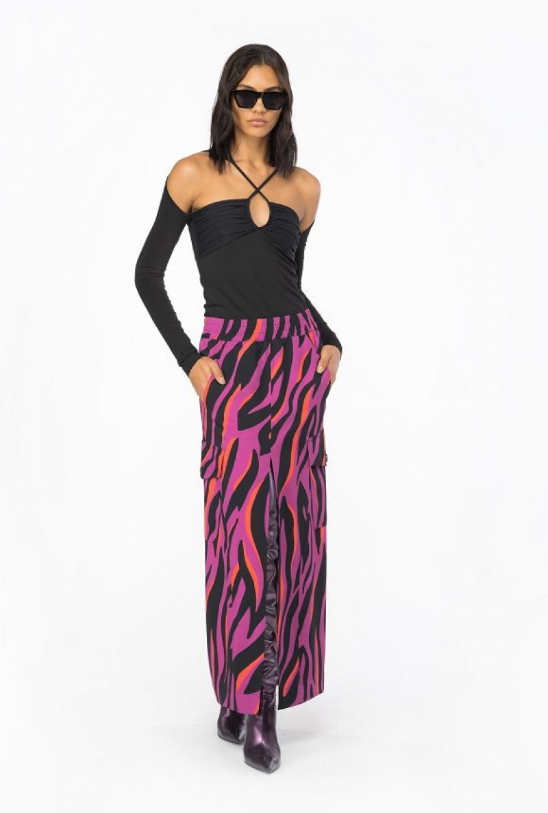 Pinko Long Cargo Skirt With Psychedelic Zebra Print BOUGAINVILLEA/BLACK/ORANGE | SN-PKO34084