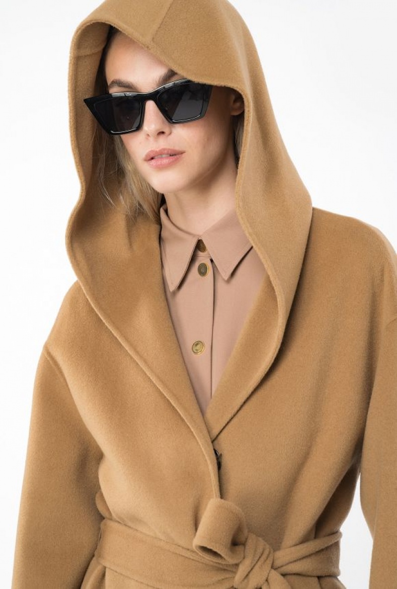 Pinko Long Cloth Coat With Hood MOCHA CAMEL | SN-PKO33667