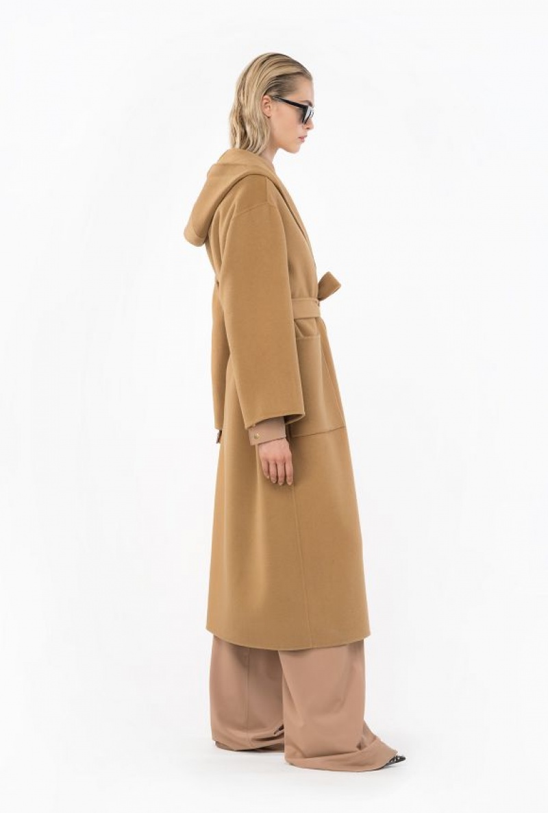 Pinko Long Cloth Coat With Hood MOCHA CAMEL | SN-PKO33667