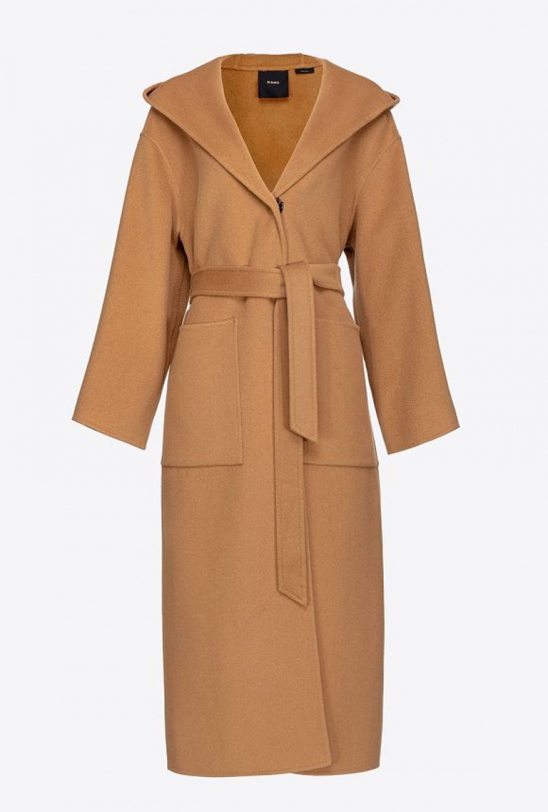 Pinko Long Cloth Coat With Hood MOCHA CAMEL | SN-PKO33667