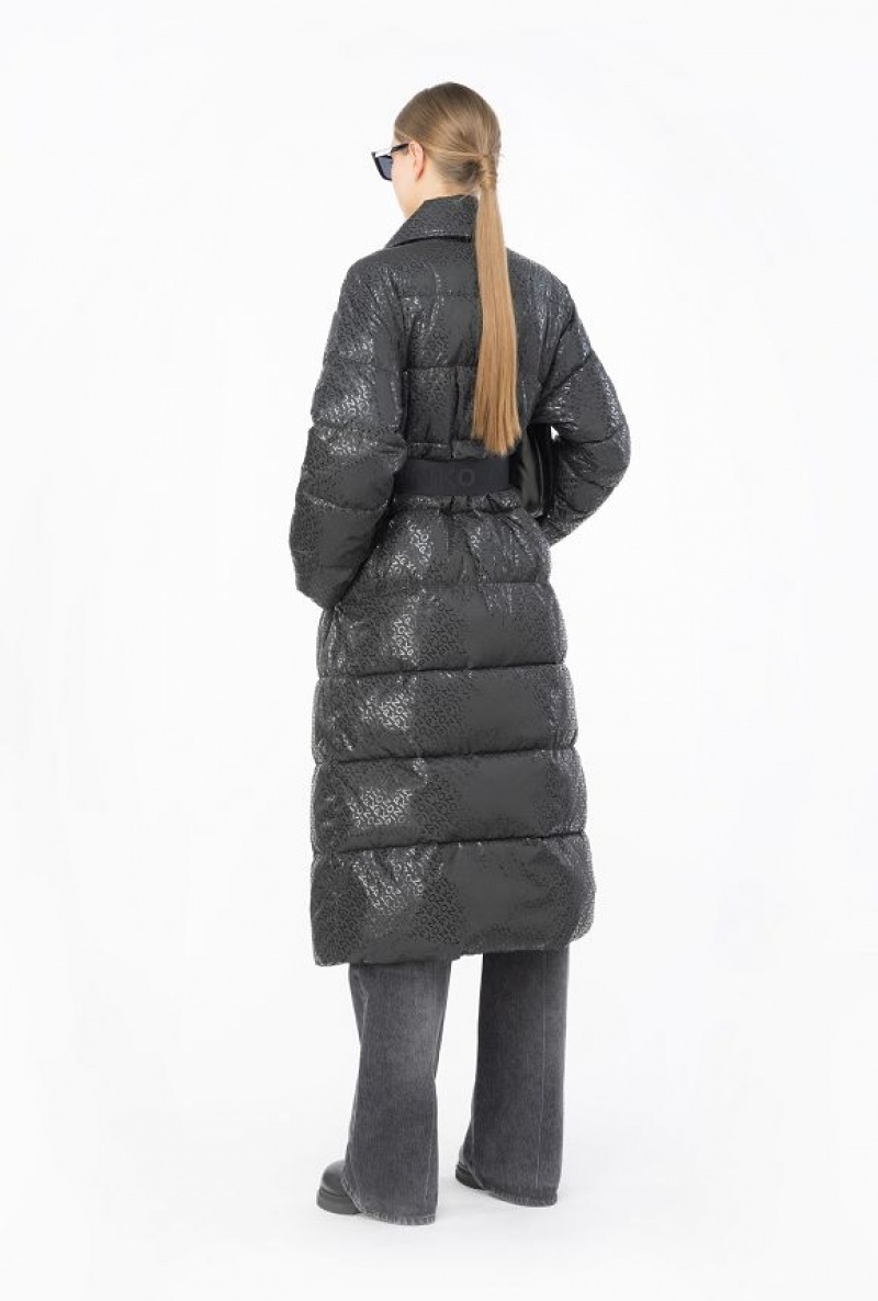 Pinko Long Down Jacket With Glossy Logo Print LIMO BLACK | SN-PKO33653