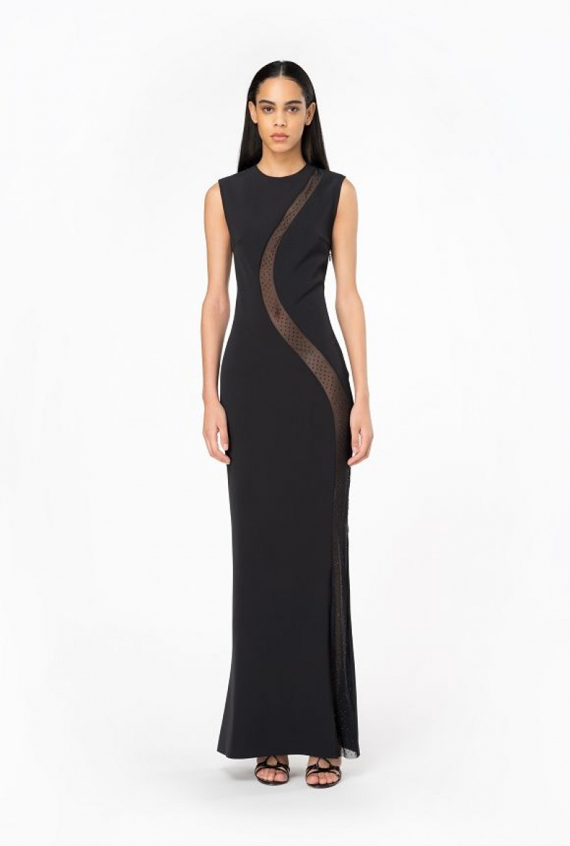 Pinko Long, Elegant Dress With Tulle Insert LIMO BLACK | SN-PKO32975