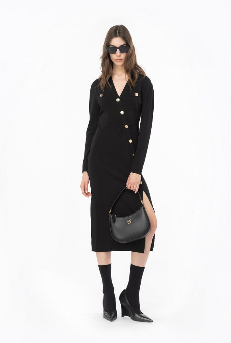 Pinko Long Knit Dress With Golden Buttons LIMO BLACK | SN-PKO33008