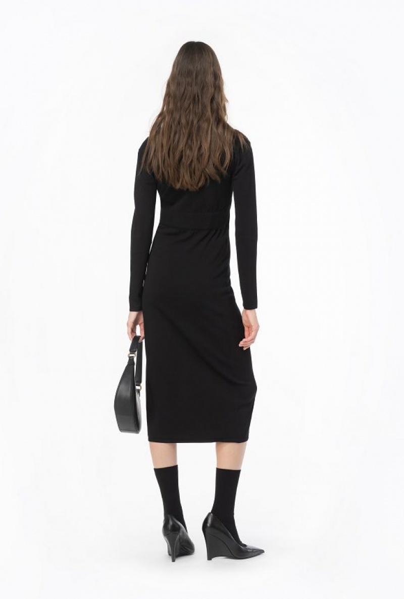 Pinko Long Knit Dress With Golden Buttons LIMO BLACK | SN-PKO33008