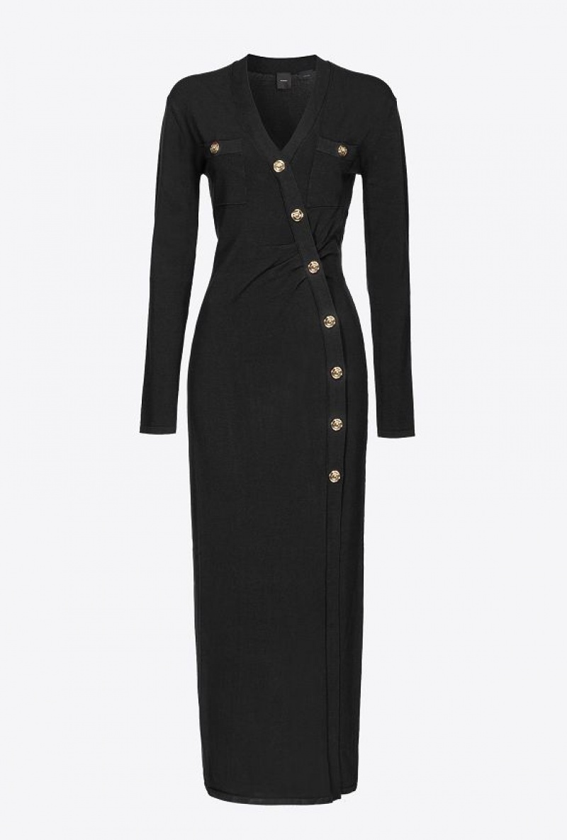 Pinko Long Knit Dress With Golden Buttons LIMO BLACK | SN-PKO33008