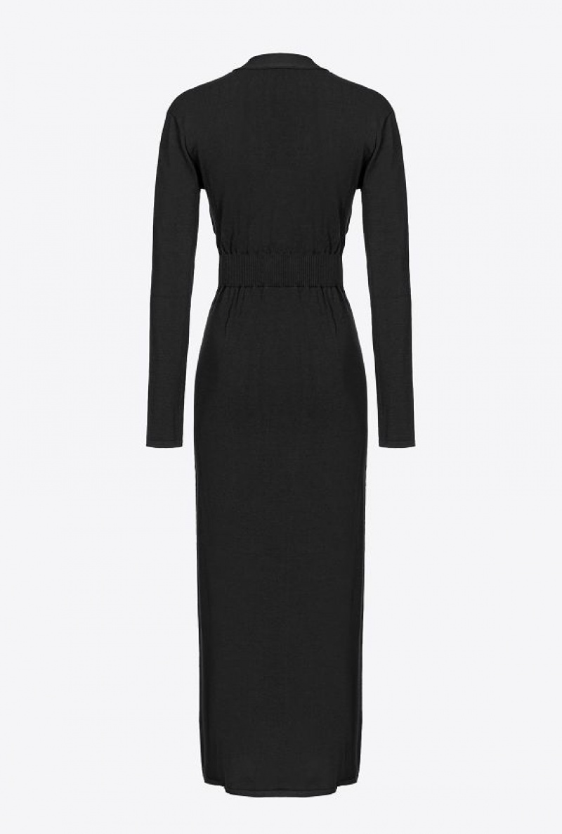 Pinko Long Knit Dress With Golden Buttons LIMO BLACK | SN-PKO33008