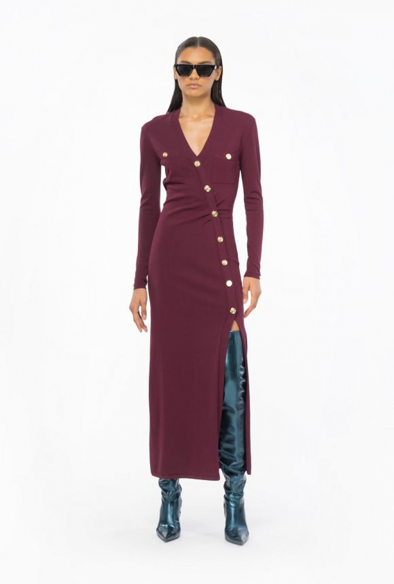 Pinko Long Knit Dress With Golden Buttons BURGUNDY-PORT ROYALE | SN-PKO33088