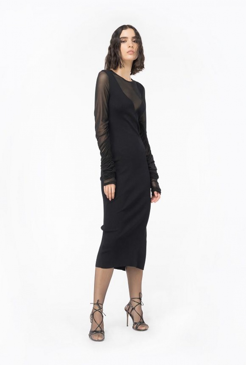 Pinko Long Knit Dress With Tulle LIMO BLACK | SN-PKO32988