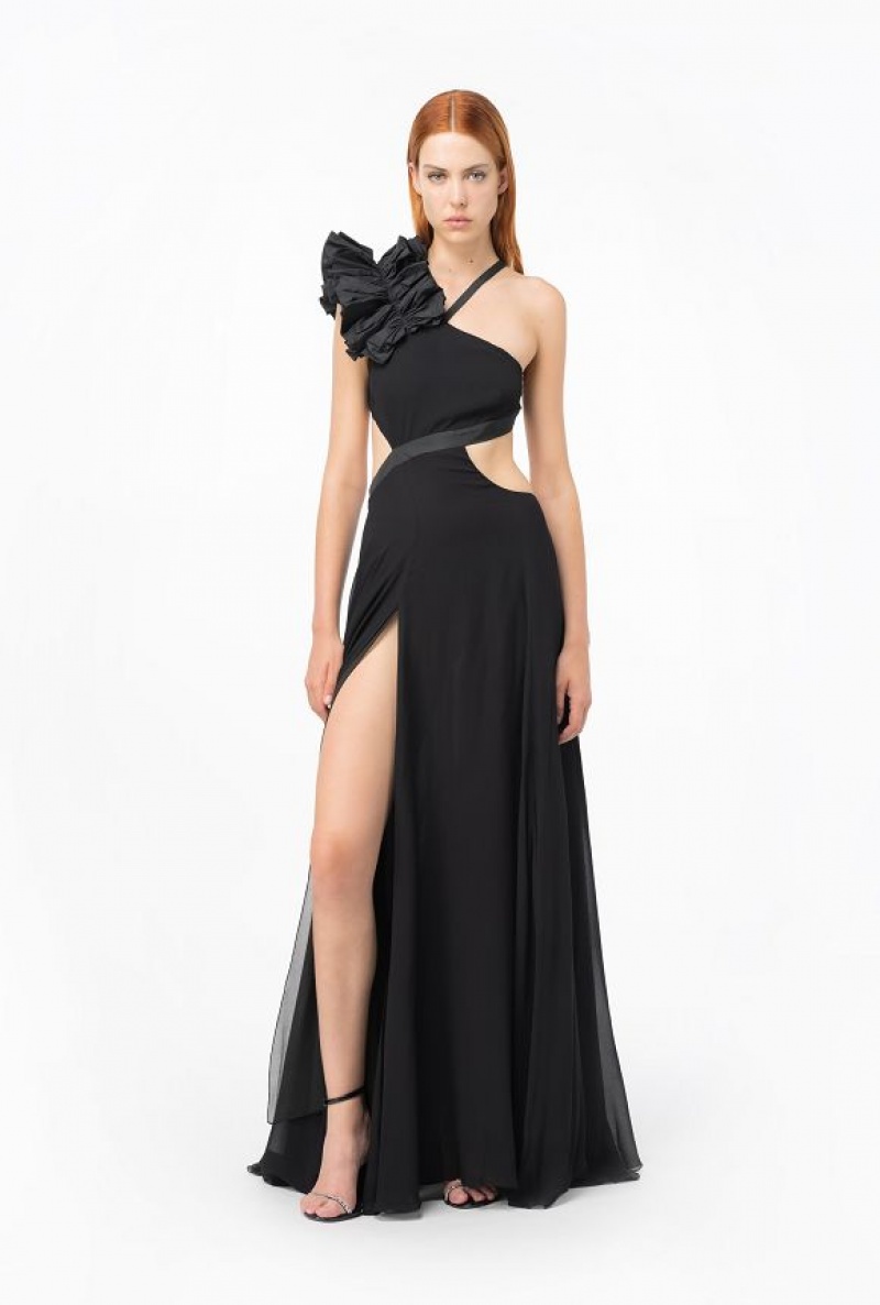 Pinko Long One-shoulder Dress With Large Slit LIMO BLACK | SN-PKO33056