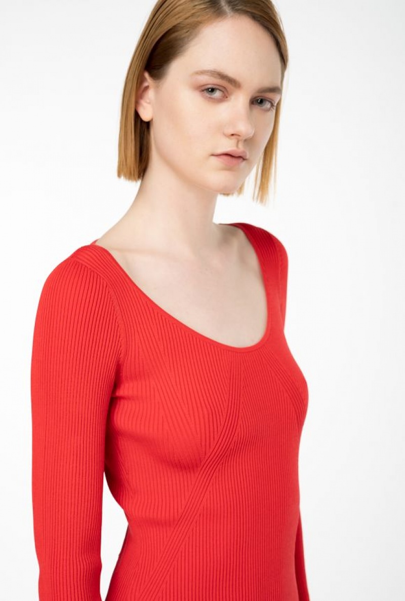 Pinko Long Ribbed Knit Dress FORMULA1 RED | SN-PKO32972