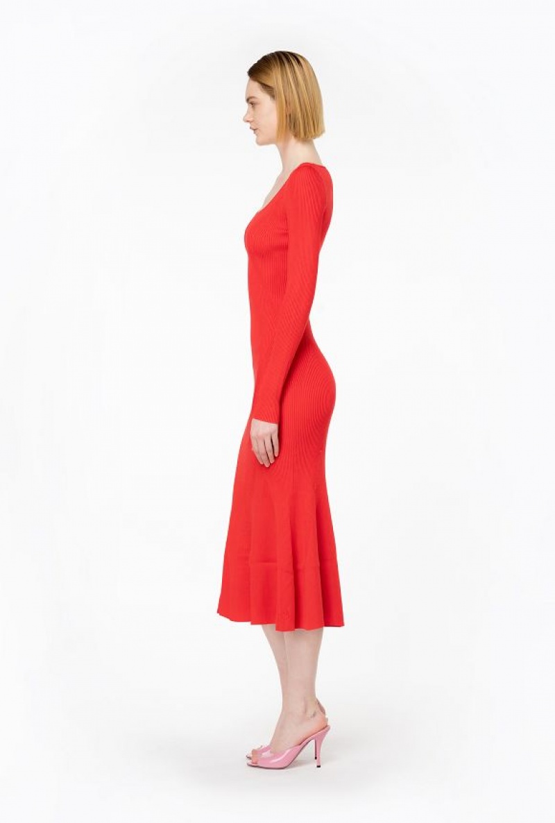 Pinko Long Ribbed Knit Dress FORMULA1 RED | SN-PKO32972