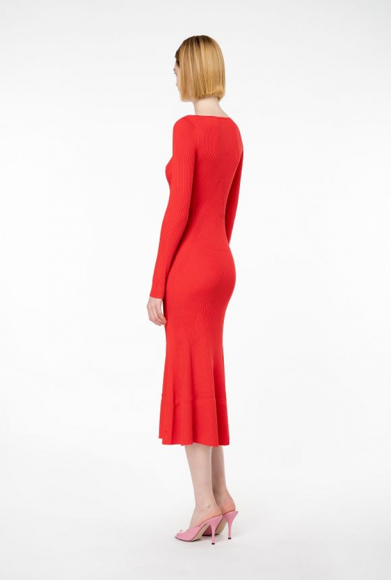 Pinko Long Ribbed Knit Dress FORMULA1 RED | SN-PKO32972