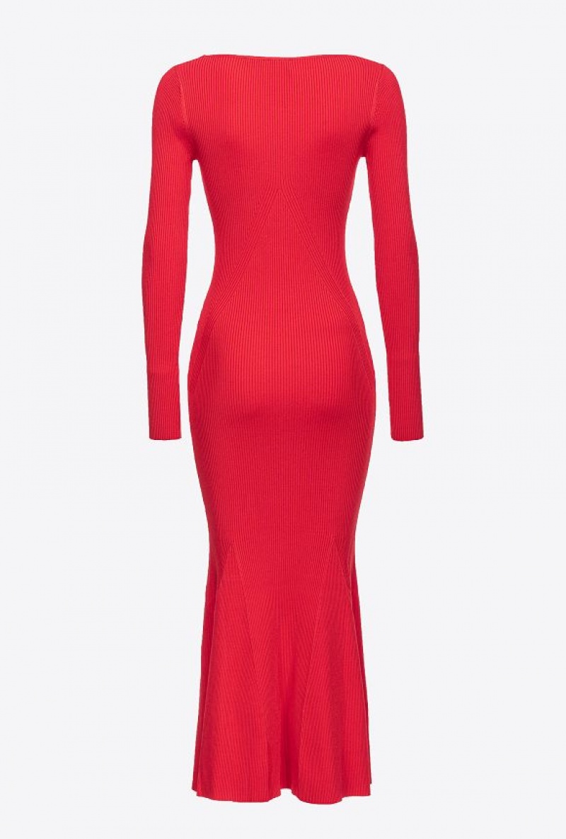 Pinko Long Ribbed Knit Dress FORMULA1 RED | SN-PKO32972