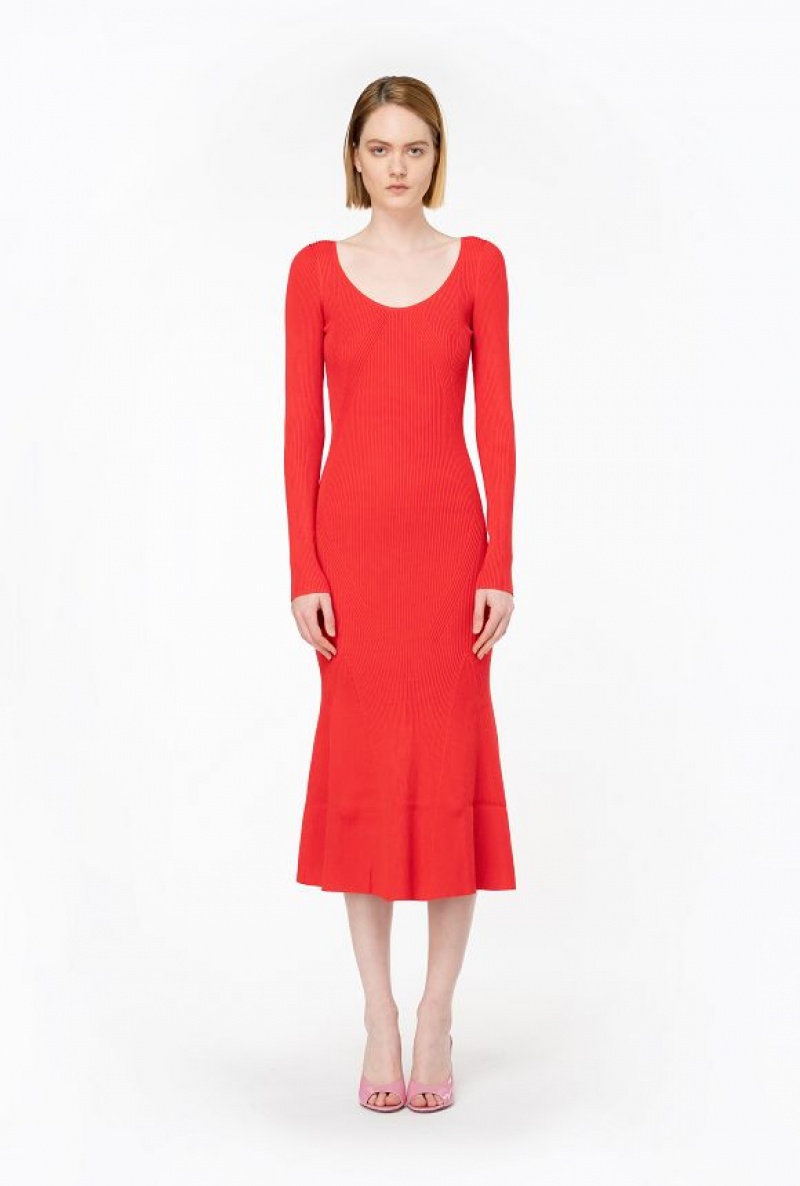 Pinko Long Ribbed Knit Dress FORMULA1 RED | SN-PKO32972