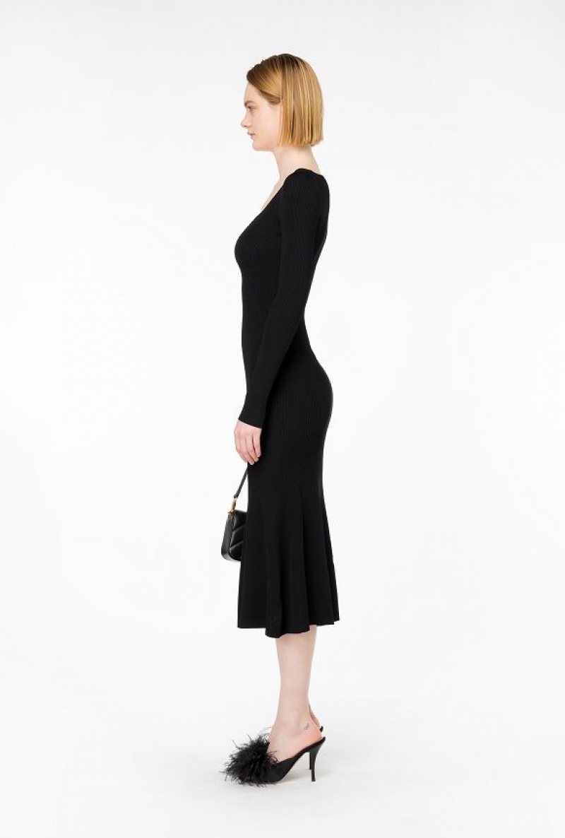 Pinko Long Ribbed Knit Dress LIMO BLACK | SN-PKO32971