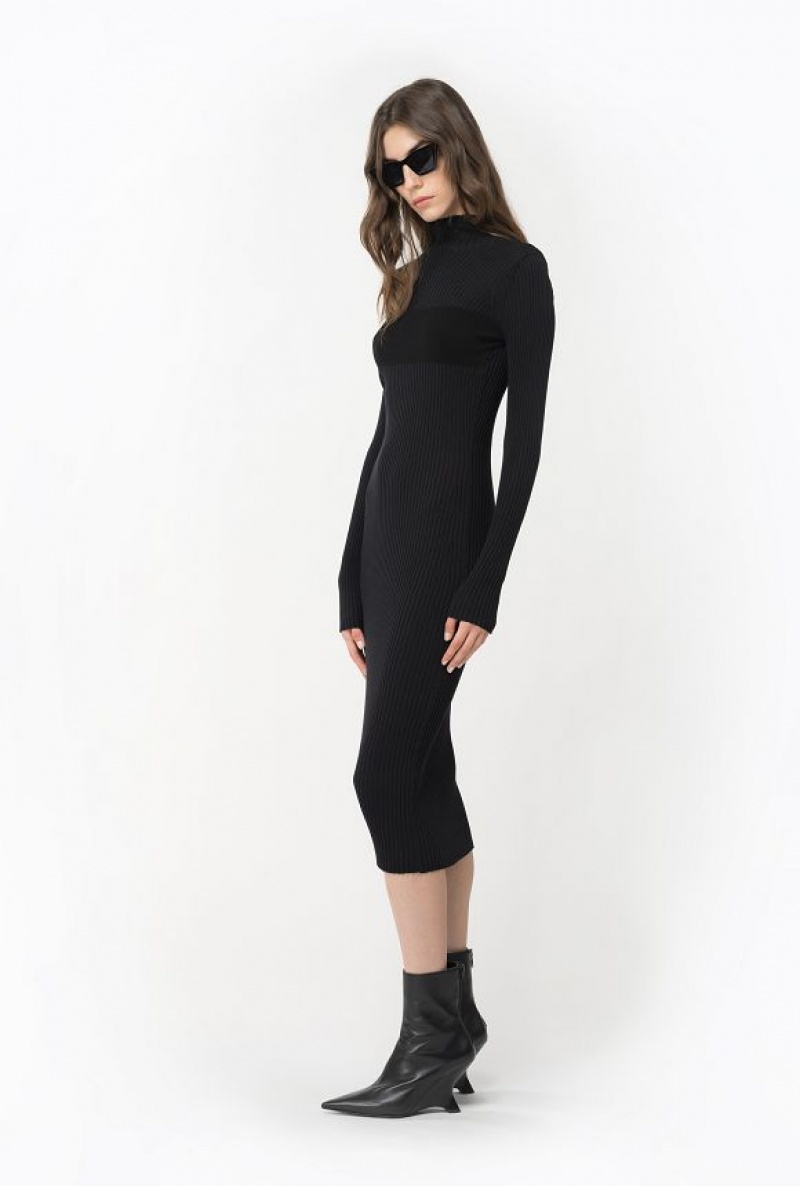 Pinko Long Ribbed Knit Dress LIMO BLACK | SN-PKO33085