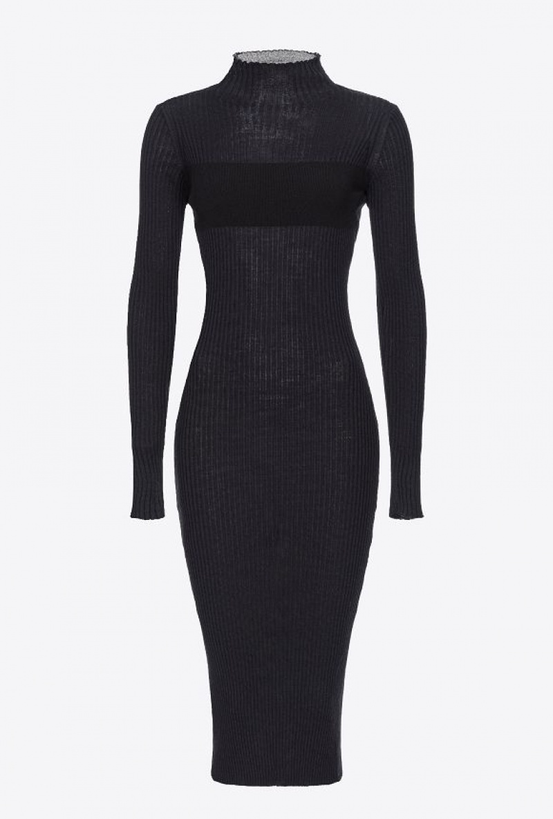 Pinko Long Ribbed Knit Dress LIMO BLACK | SN-PKO33085