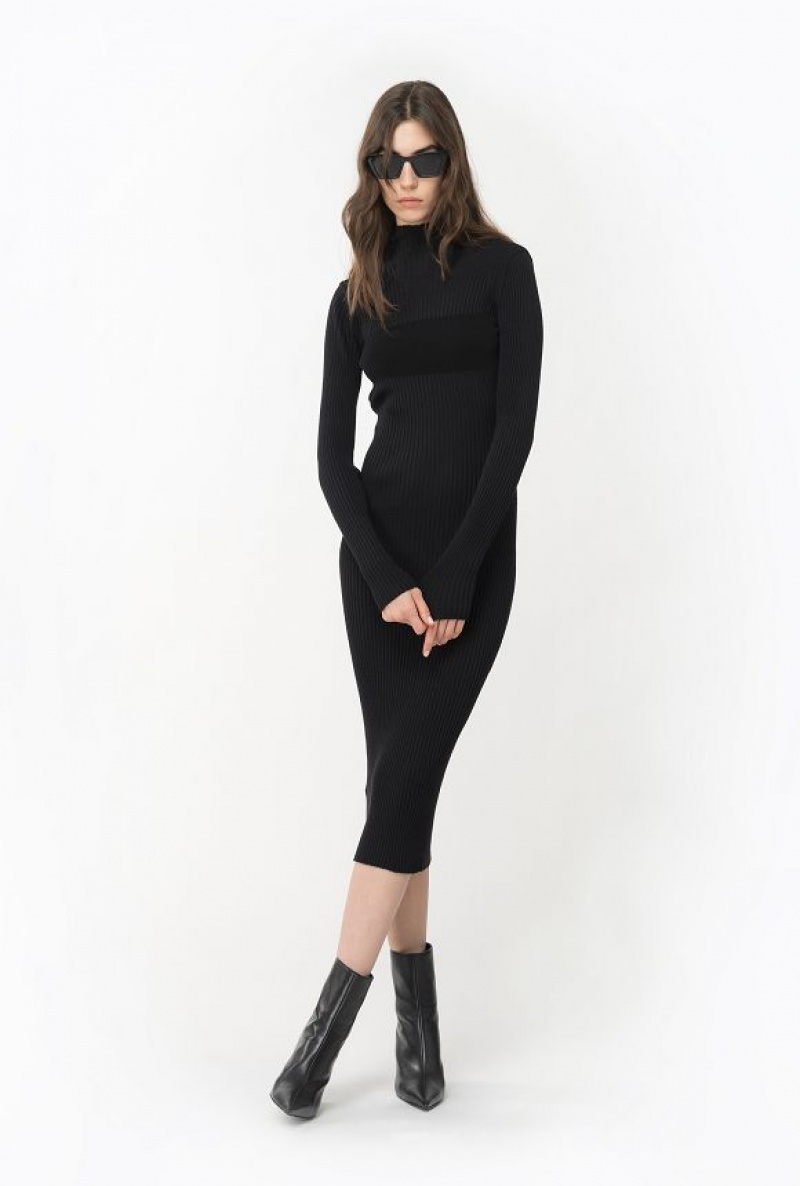 Pinko Long Ribbed Knit Dress LIMO BLACK | SN-PKO33085