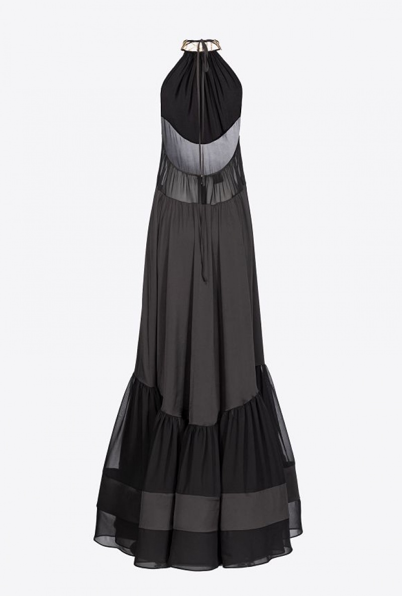 Pinko Long Satin Dress With Rhinestone Logo LIMO BLACK | SN-PKO33047