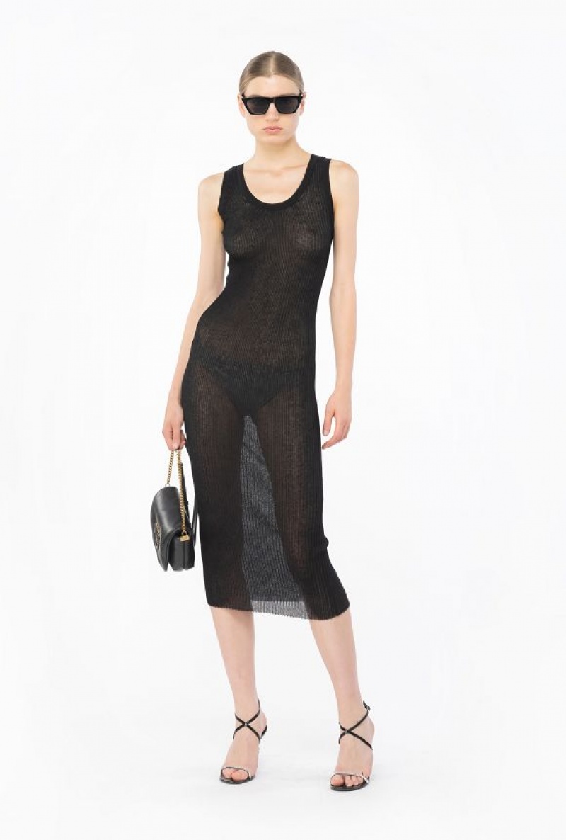 Pinko Long Semi-transparent Ribbed Dress LIMO BLACK | SN-PKO33014