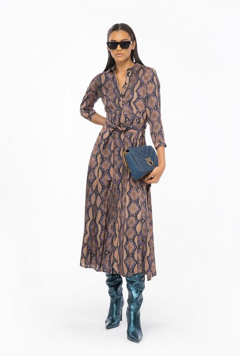 Pinko Long Shirt Dress With Snake Motif MULT. BROWN/LILAC | SN-PKO33098