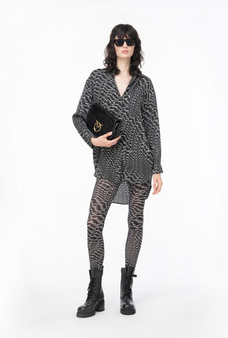 Pinko Long Shirt With Fluid Logo Print BLACK/WHITE | SN-PKO33841