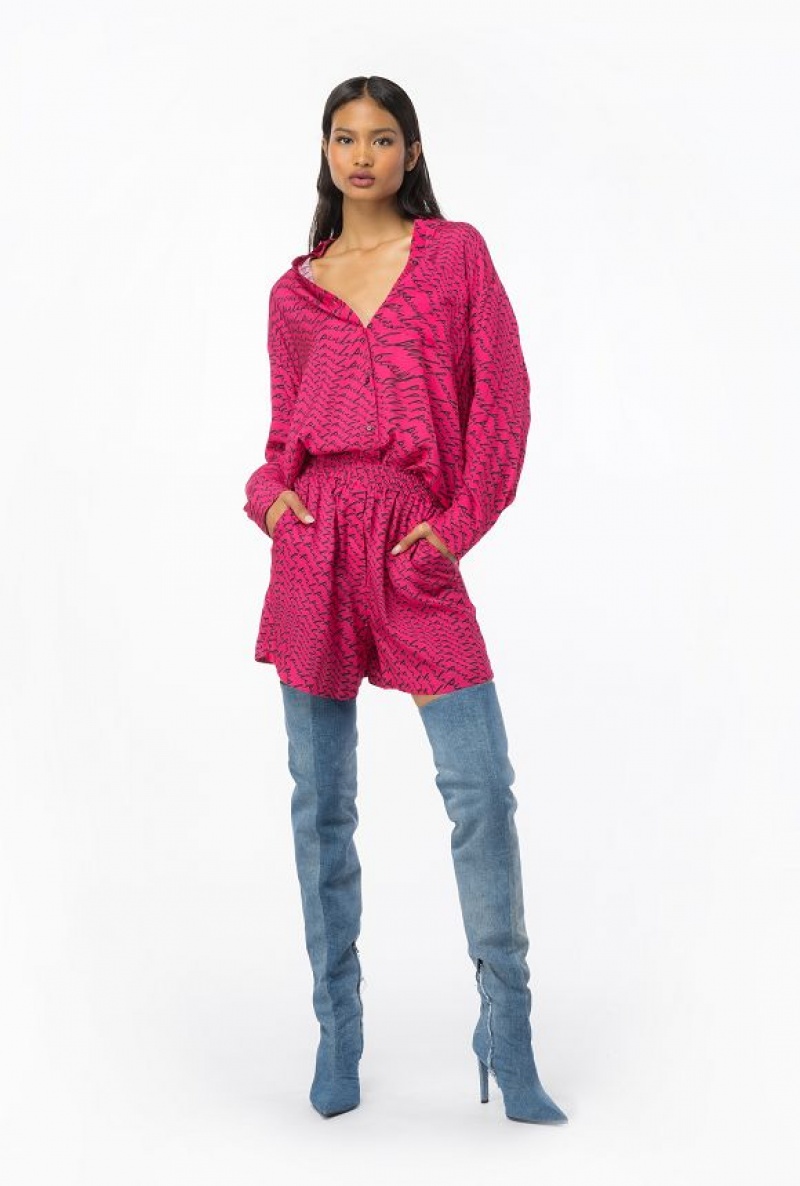 Pinko Long Shirt With Fluid Logo Print PINKO PINK/BLACK | SN-PKO33161