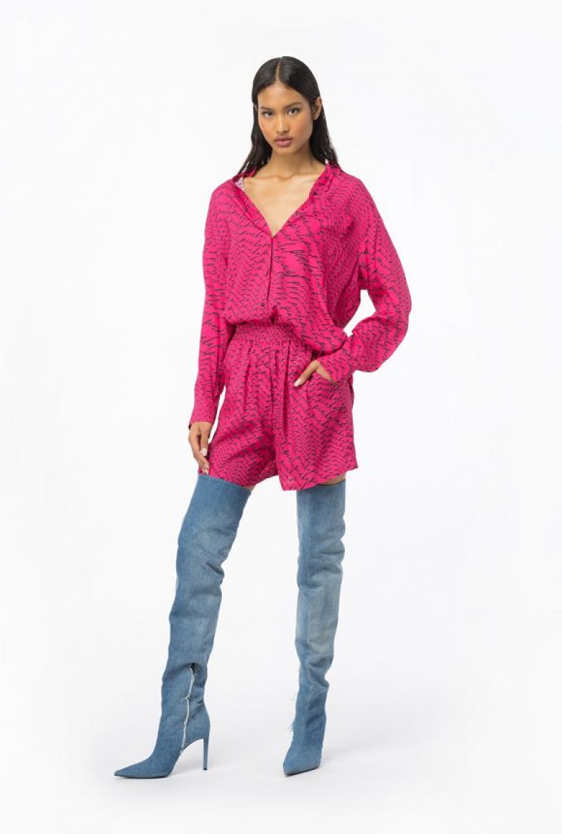 Pinko Long Shirt With Fluid Logo Print PINKO PINK/BLACK | SN-PKO33161