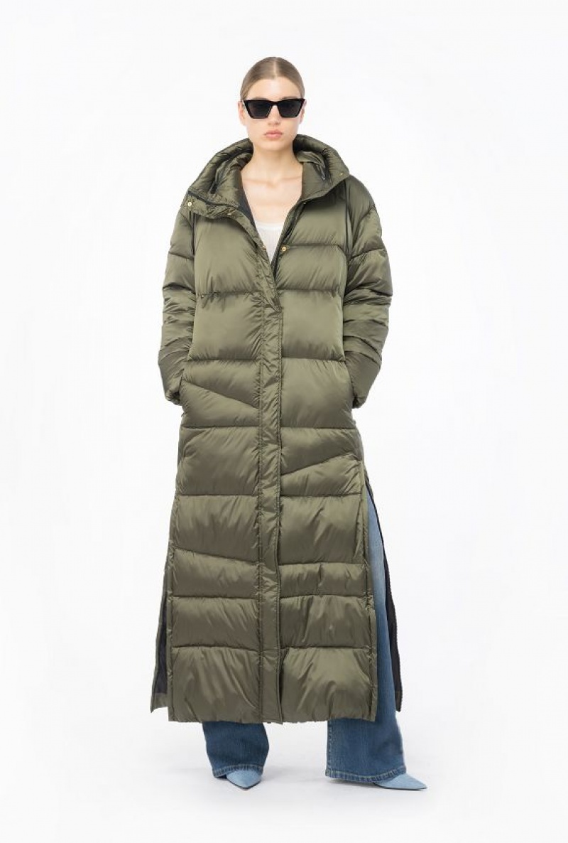 Pinko Long Technical Satin Down Jacket IRIS-LEAF GREEN | SN-PKO33641