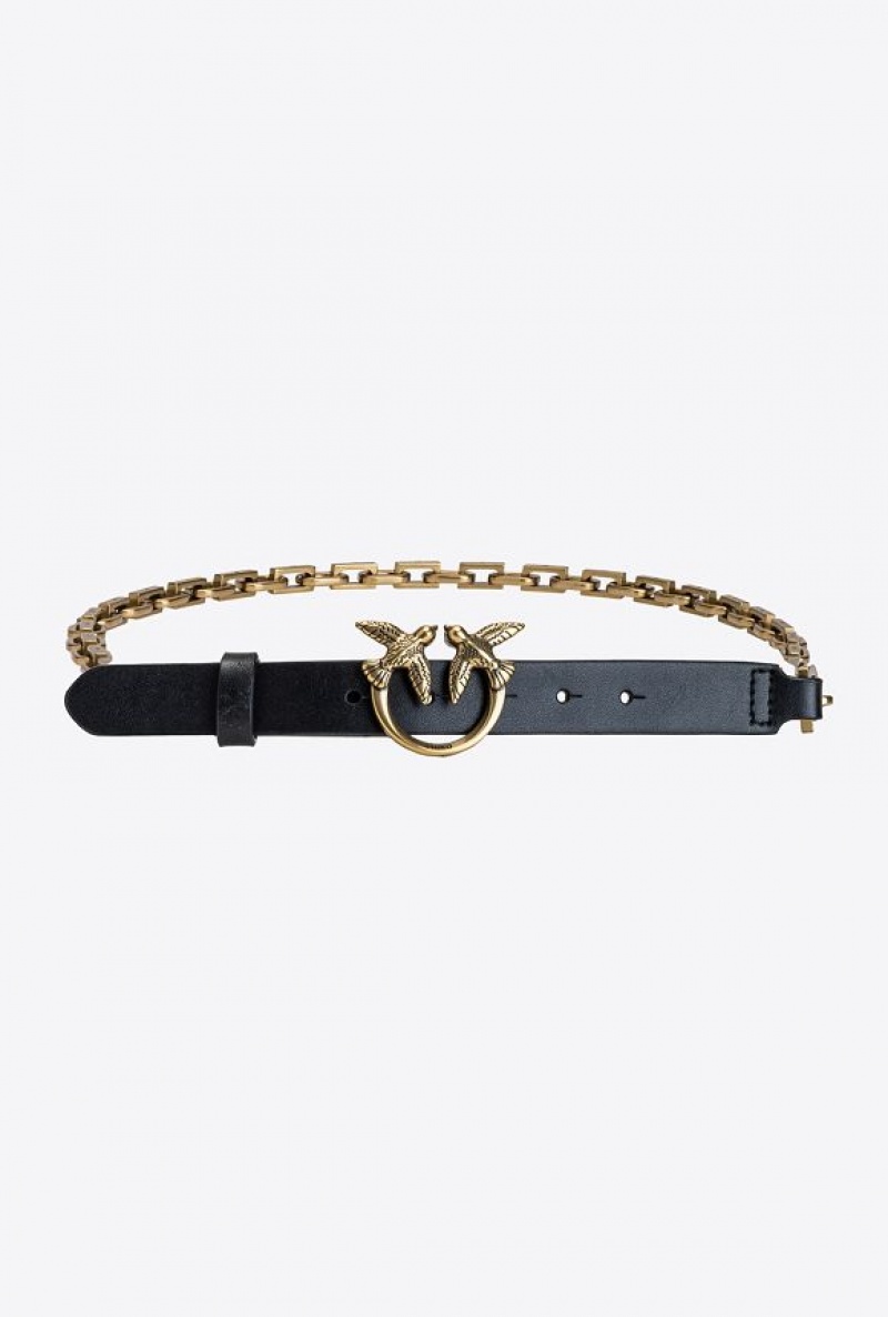 Pinko Love Birds Belt With Chain BLACK-ANTIQUE GOLD | SN-PKO34207