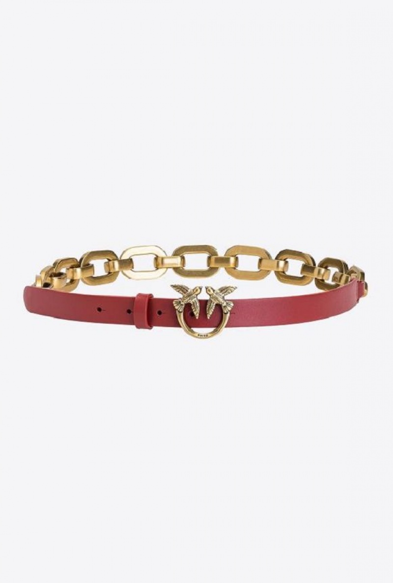 Pinko Love Birds Belt With Large Chain RUBY RED-ANTIQUE GOLD | SN-PKO34209