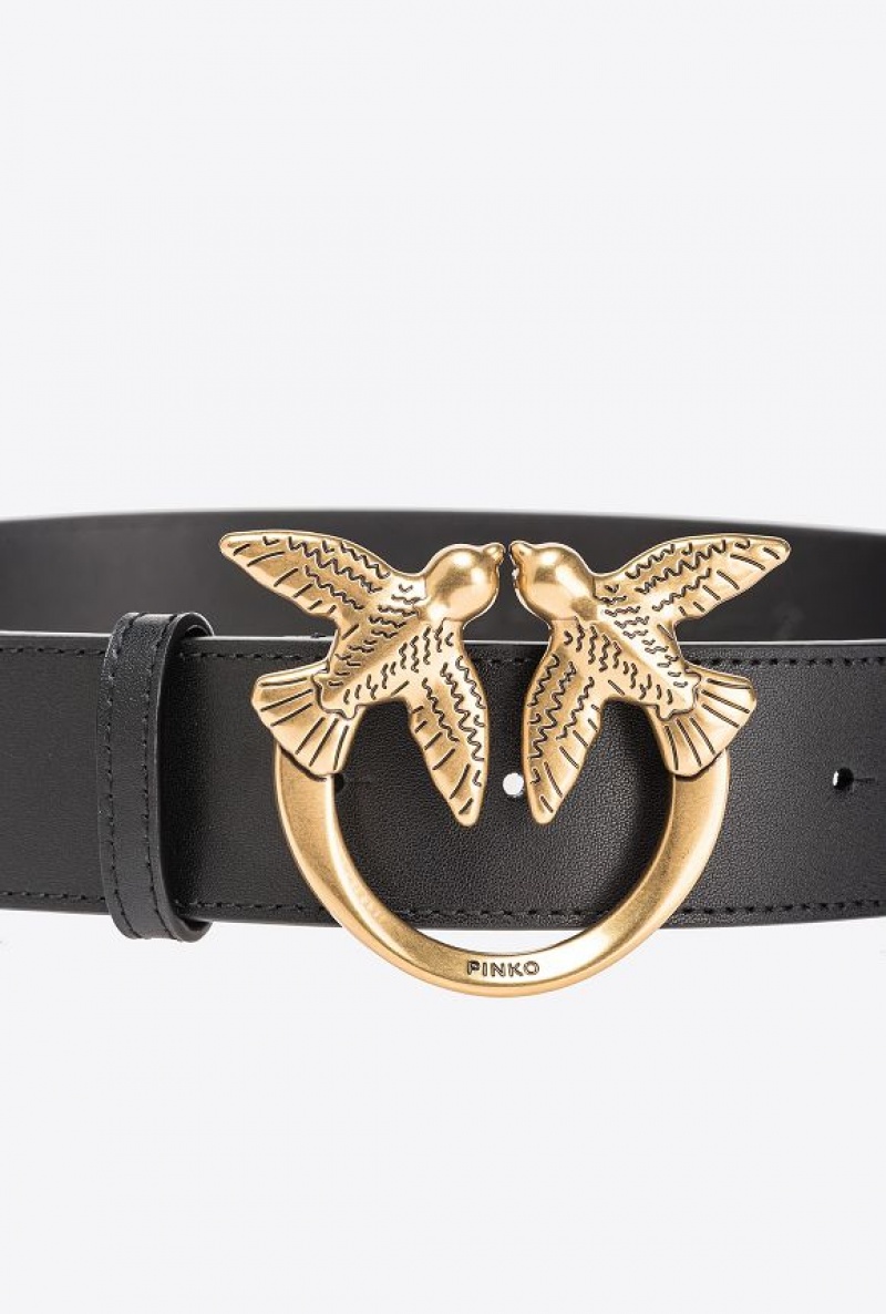 Pinko Love Birds High Leather Belt 4cm BLACK-ANTIQUE GOLD | SN-PKO34257