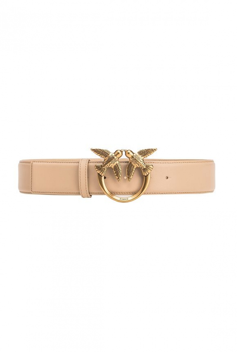 Pinko Love Birds High Leather Belt 4cm SAND-ANTIQUE GOLD | SN-PKO34227